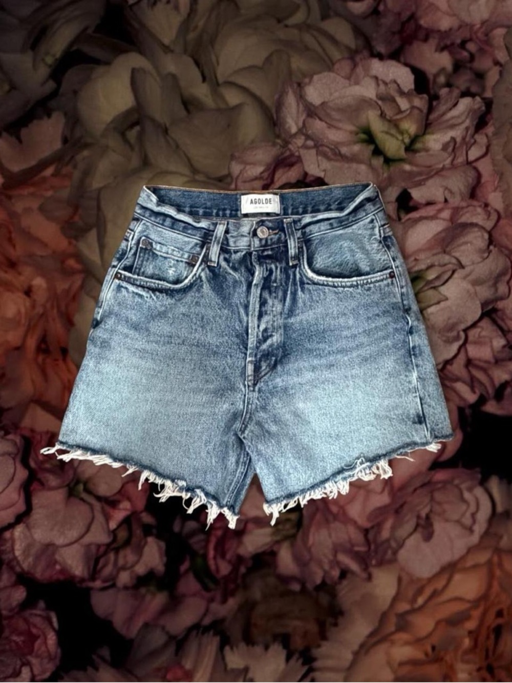Agolde Light Blue Frayed Hem Denim Cutoff Shorts
